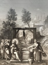 Jesus talks with a Samaritan woman, New Testament, Steel engraving 1853, digitally restored