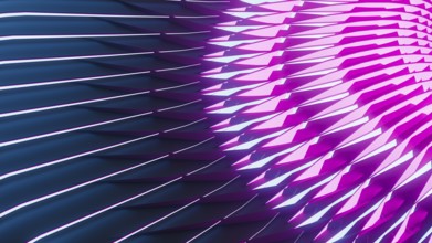 Bright neon lights illuminate a backdrop of abstract geometric shapes, creating an engaging visual