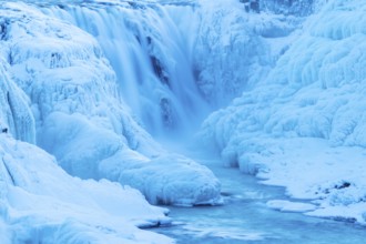 Gullfoss, waterfall of the Hvítá river, detail, ice, frost, snow, winter, Haukadalur, Iceland,