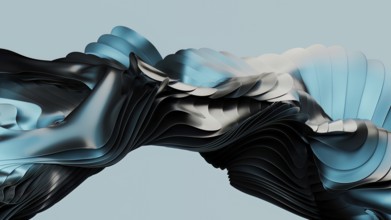 Dynamic abstract composition featuring fluid and metallic waves in shades of black and blue in 3D.