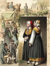 Traditional costumes in Germany around 1820, Mecklenburg, scenes of a village market with people in