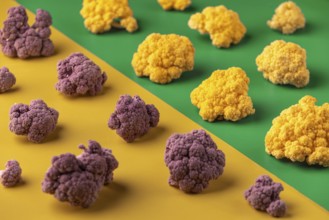 Purple and yellow cauliflower arranged on a yellow and green background