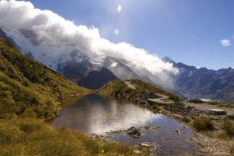 Breathtaking beauty of autumn at Mount Cook, New Zealand. The scene captures the tranquil mountain