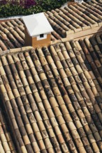 From above exterior of aged building with tiled roofs on sunny day