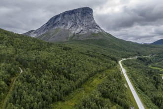 Aerial view of road E6, granite rock formation Krakmo, Norway