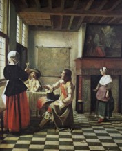 Family picture with maid, interior painting by Pieter de Hooch, 1629 - 1684, Dutch Baroque painter,