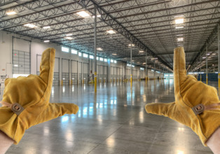 Framing Hands Wearing Leather Construction Gloves in Empty Industrial Warehouse