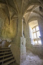 High room with ribbed vault in the Cathar castle of Quéribus, Cucugnan, Département Aude, France