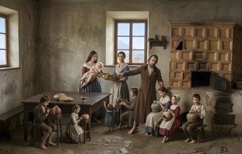 Homework with child labor around 1847, historical illustration, digitally edited, exploitation, day