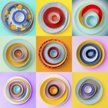 A grid layout of colorful plates and bowls showcases vibrant patterns and colors, creating a lively