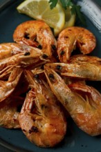 Fried with spices, King prawns, undivided, top view, selective focus, seafood, shrimp, no people