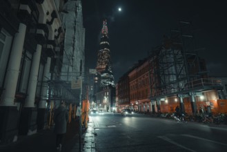 Street scene at night with illuminated buildings and a tranquil atmosphere, New Year's Eve London,