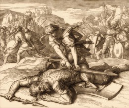 David killing the enemy champion Goliath, Old Testament, by Julius Schnorr von Carolsfeld