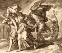 Lot and his family fleeing from burning Sodom and Gomorrah, Old Testament, by Julius Schnorr von