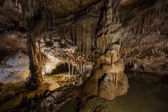 Stalactites and stalagmites, rock formations in a stalactite cave with water basin, Grotta del