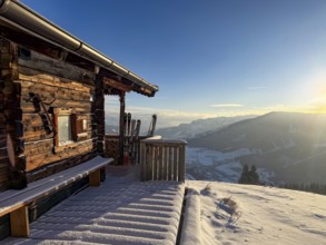 Mountain hut with fresh snow in the morning, in winter, Hochbrixen, Kitzbühel Alps, Tyrol, Austria