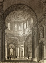 Interior, Dome of Les Invalides, Paris, antique steel engraved print, 1831