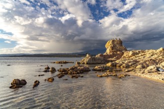 Ruins of a Genoese tower on La Tonnara beach near Bonifacio, Corsica, France