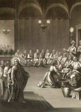 Jesus Washes the Disciples' Feet, New Testament, steel engraving 1853, digitally restored
