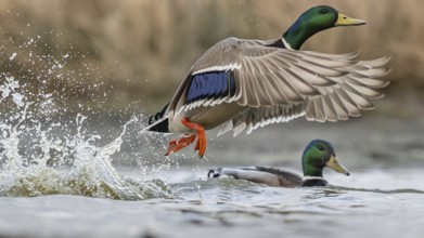 Mallard (Anas platyrhynchos) male taking flight, Schleswig-Holstein, Germany