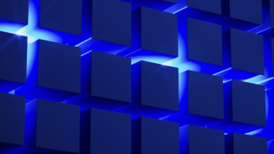 Cube structures create a captivating geometric arrangement highlighted by blue light, showcasing