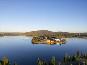 From above, this drone view of Canberra, the capital of Australia, featuring the serene waters of