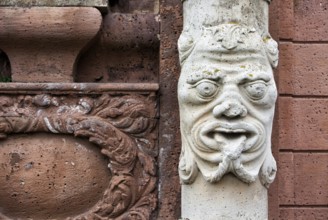 Stone figure at the entrance gate, Abbey Castle Corvey in Hoexter, Weserbergland, North Rhine