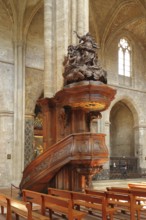 Pulpit of the Gothic church, Ste-Marie-Madelein, interior view, wood carving, arts and crafts,
