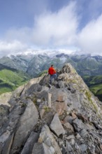 Mountaineer on the summit of Lasörling, view of the mountain panorama of the Venediger Group,