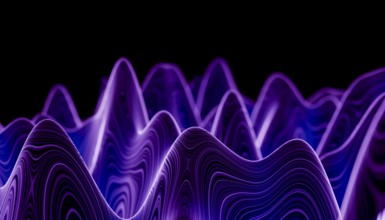 An artistic 3D-rendered image displaying flowing waves in various shades of purple against a dark