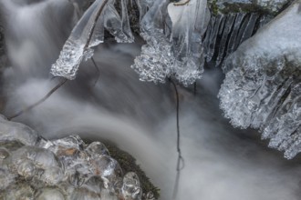 Branches are covered with ice near the river. The water flows gently and forms ice formations on