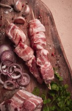 Raw pork meat, on wooden sticks, pickled kebab, with spices, top view, no people