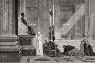 Pope Pius IX at bronze statue of Saint Peter, St. Peter's Basilica, Vatican, Rome, Italy, 19th