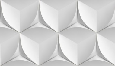 Minimalist 3D illustration with crisp white cubic and petal-like patterns forming a seamless