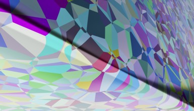 This image displays a vivid 3D rendering of irregularly shaped color polygons that overlap and