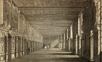 Gallery, The Royal Château de Fontainebleau, near Paris, antique steel engraved print, 1831