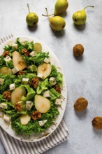 Keto Salad, pear with blue cheese and walnut, selective focus, no people, close-up