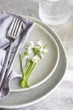 Textured grey plate featuring fresh spring snowdrops alongside a fork and a soft cloth napkin,