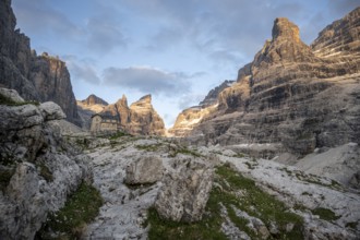 Sunset, Refugio Francis Fox Tuckett Alpine Club Hut, mountain peaks of the Brenta Mountains,