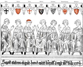 Illustration of Prince-electors in deliberation, from left: Archbishop of Cologne, Archbishop of