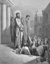 Jesus is shown to the people, John chapter 19, verse 5, Pilate, crown, thorns, crowd, houses,