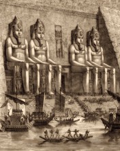 Ancient Egyptian ships, Abu Simbel temple, drawing from the 19th century