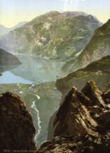 General view towards Merok, Geirangerfjord, Norway, View from 1885, Historical, digitally restored