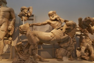West pediment of the Temple of Zeus, battle between lapiths and centaurs, Greek ancient marble