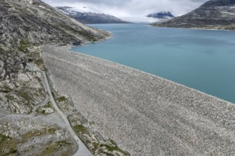 Dam at lake Styggevatnet, Styggevatn, Jostedal glacier, aerial view, Norway