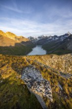 Picturesque mountain landscape at the summit Mont de la Blana at sunset, view of blue mountain