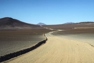 A desolate yet striking view of a dirt road meandering through the arid terrain of La Puna in