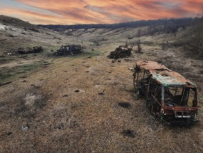 From above, this image captures the harsh reality of war in Ukraine, showing several burned out