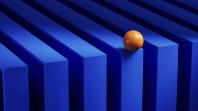 An orange sphere balances on blue geometric forms, creating a vibrant contrast against the