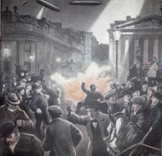 World War 1, Zeppelins at work, bombing, panic in the streets of an English town (original picture